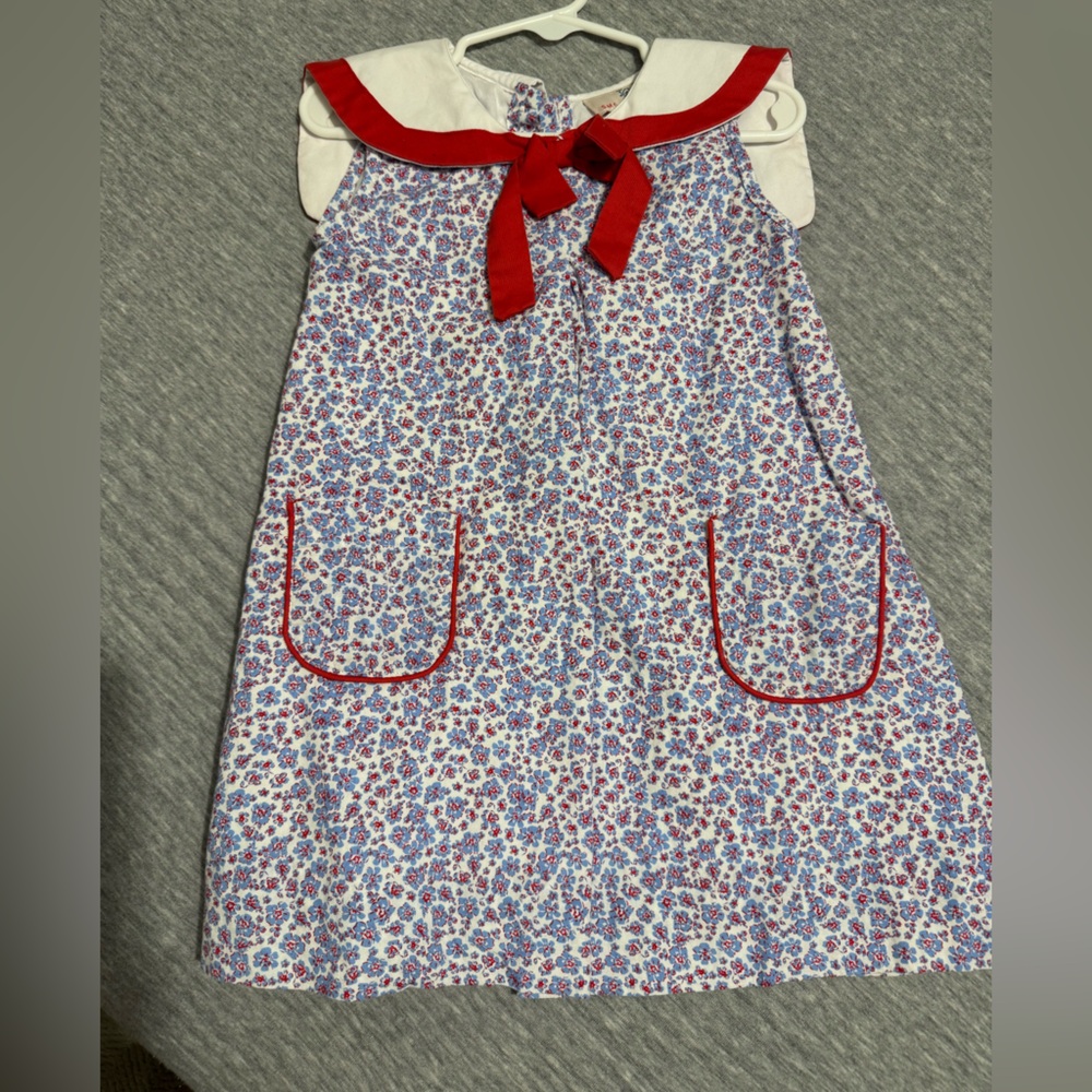 Girls' Floral Sailor Dress with Red Trim and Bow Size 3T